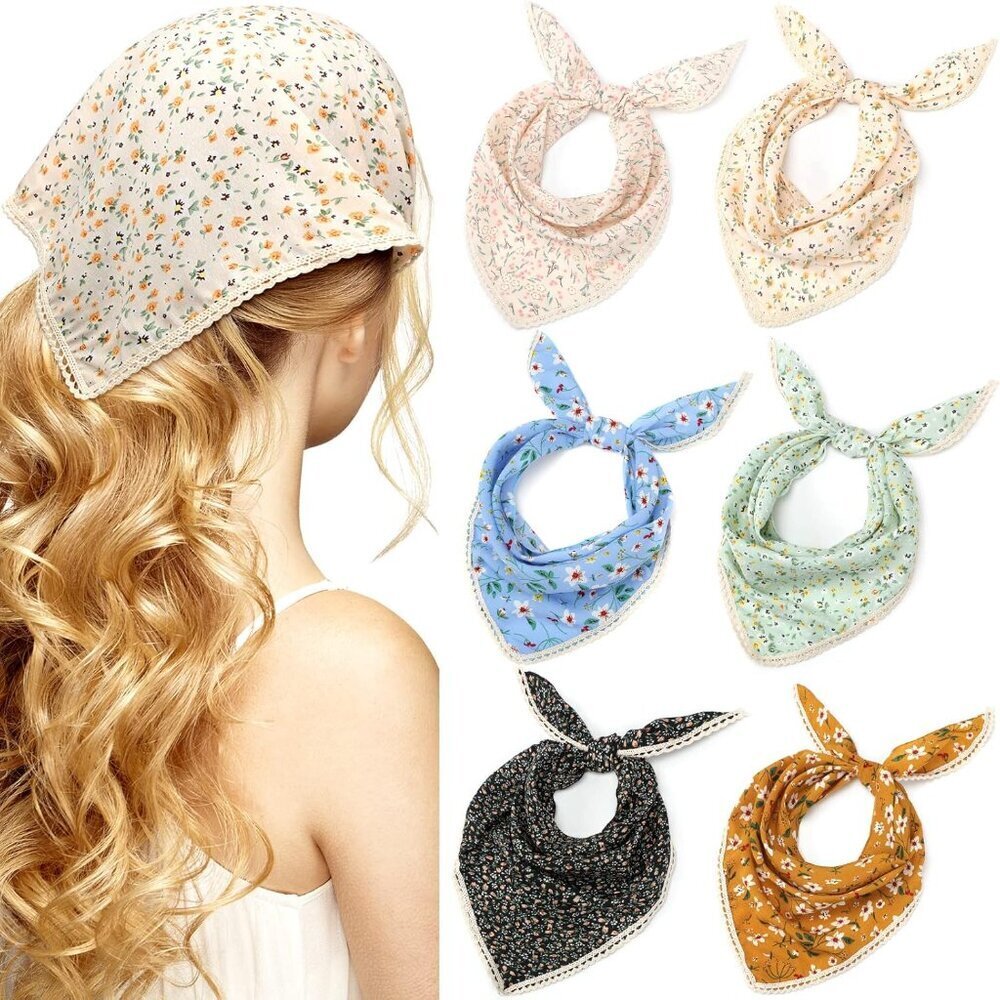 6 Pcs Floral Hair Bandanas Head Kerchief Women Bandana Print Chiffon Hair Scarf